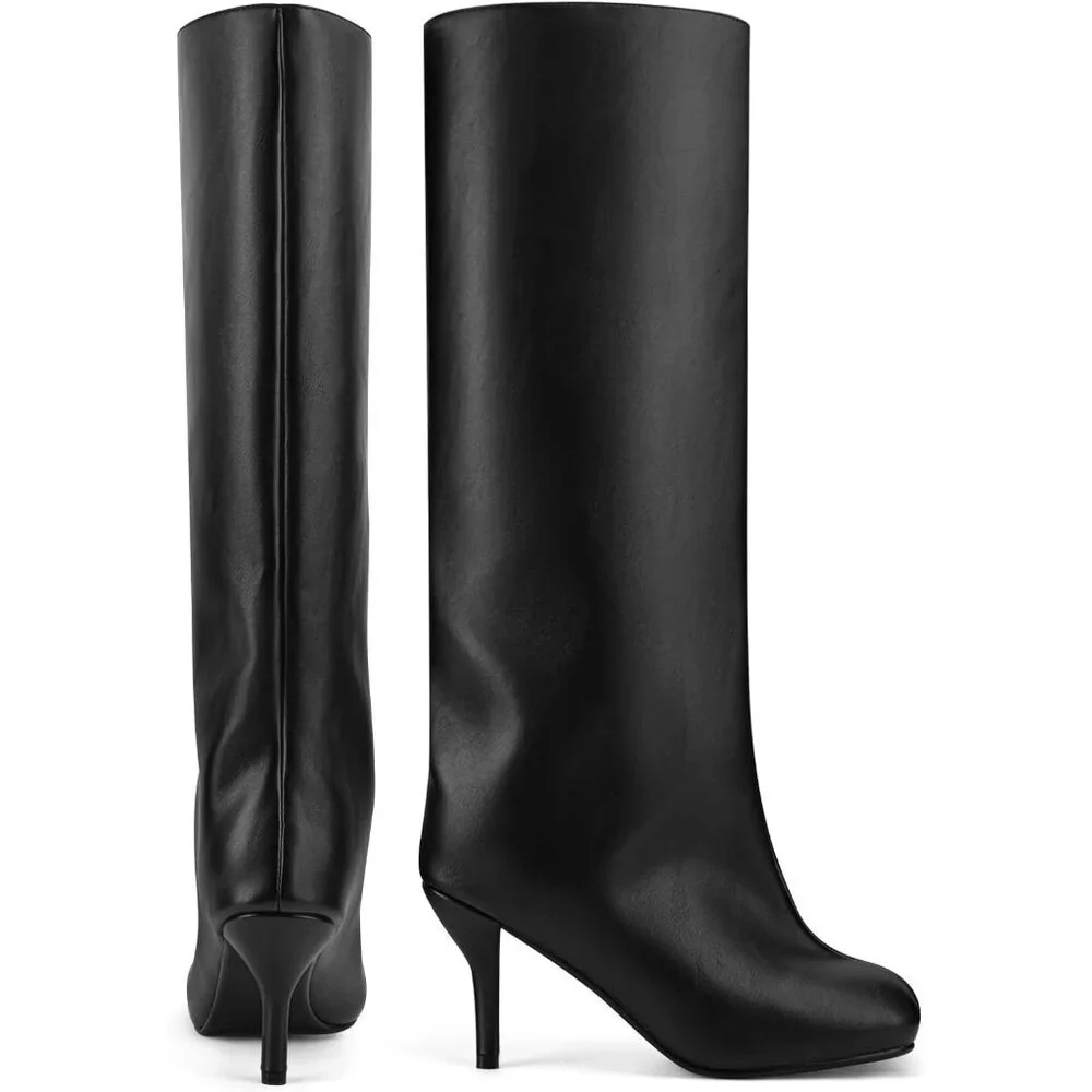 Women's Black Pu Wide Calf Square Toe Stiletto Heels Knee High Suede Boots